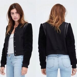 Ugg Australia Black Wool Lamb Sherpa & Leather Bomber Jacket Women's size Large